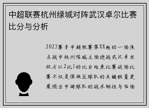 中超联赛杭州绿城对阵武汉卓尔比赛比分与分析