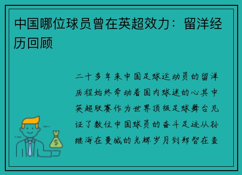 中国哪位球员曾在英超效力：留洋经历回顾